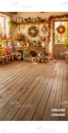 Tło fotograficzne „Przytulny jesienny domek pełen kwiatów” | J_283